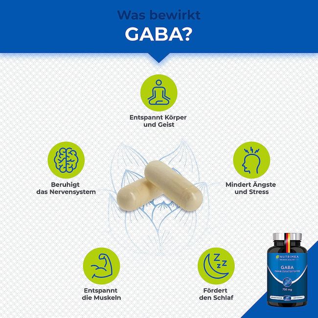 Nutrimea | GABA Pur 750mg | Reine Pulver Kapseln Hochdosiert | OHNE Zusätze & Vegan