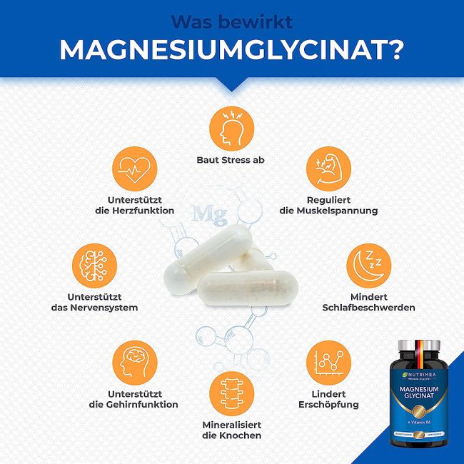 Nutrimea | Magnesium Glycinat + Vitamin B6 - Optimale Bioverfügbarkeit - 1,5 Monatsvorrat