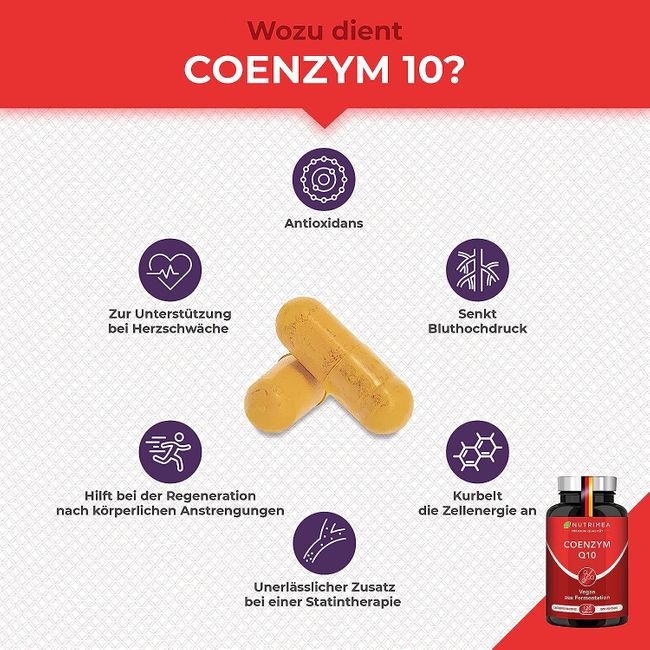 Nutrimea PREMIUM COENZYM Q10 Hochdosiert | 120 Vegane Kapseln für 2 Monatskur | 200 mg Tagesdosis Natürliches Q10