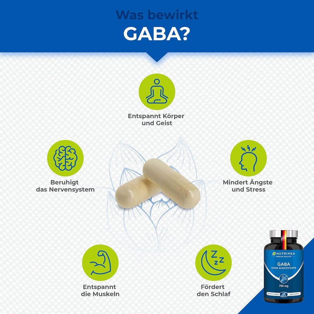 Nutrimea | GABA Pur Pur 750mg - Hochdosiert & Ohne Zusätze - 60 Kapseln