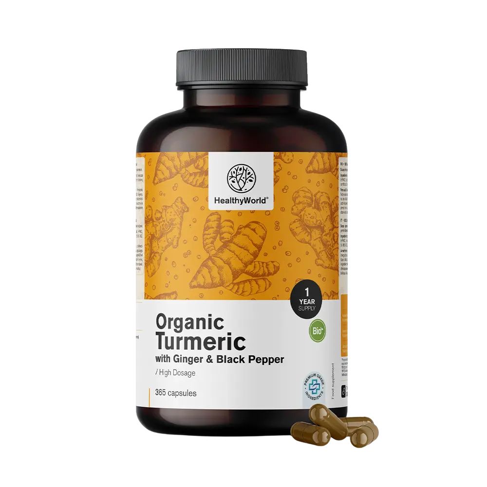 HealthyWorld | BIO Kurkuma 480 mg mit Ingwer und schwarzem Pfeffer - 365 Kapseln