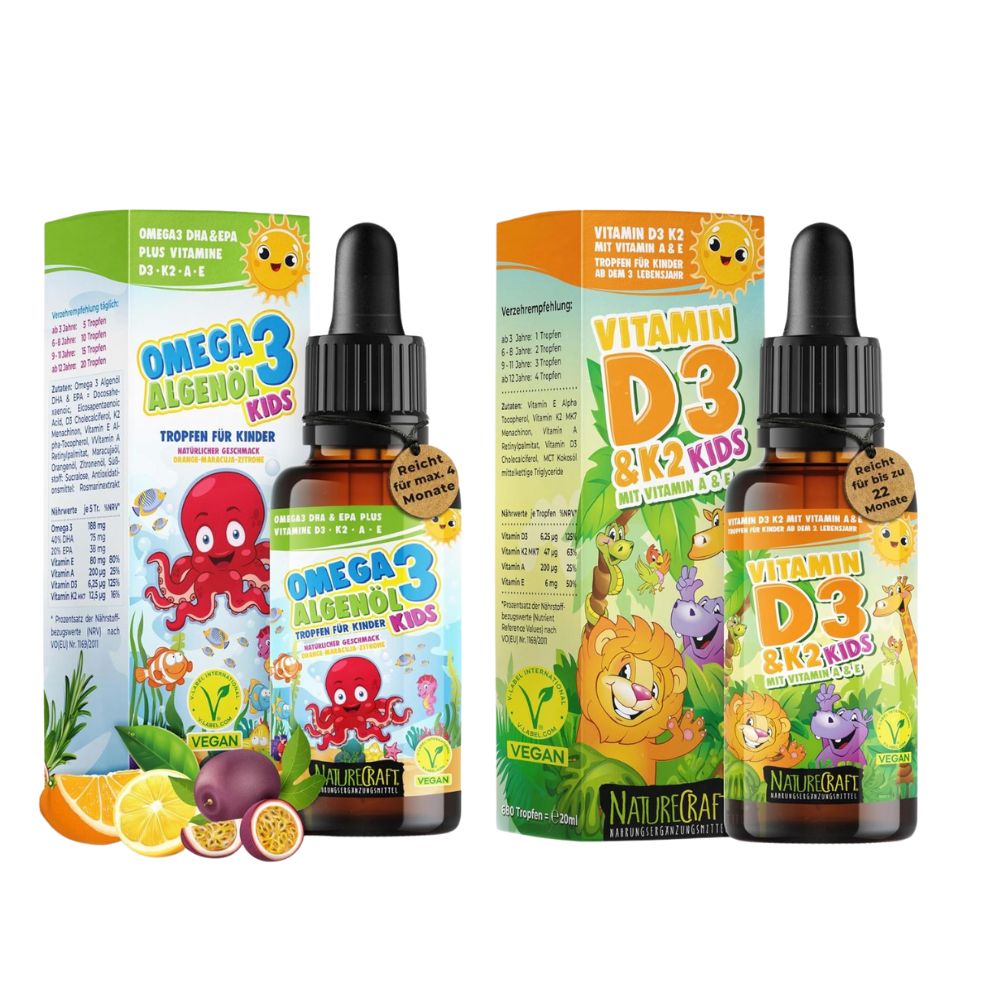 NatureCraft | Kinder-Vital-Set Vegan Omega-3 Algenöl Kids + Vitamin D3 K2 Tropfen Kids