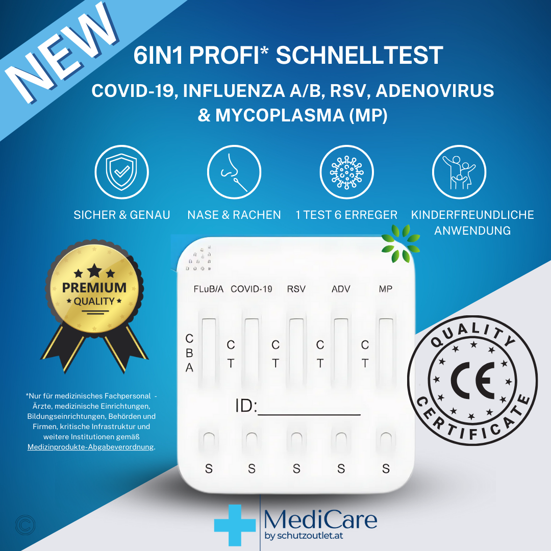 Deepblue 6in1 Profi Antigen Combo Test für COVID-19 (Corona), Grippe A/B, RSV, Adenovirus & Mycoplasma (MP) 15 Stück Packung