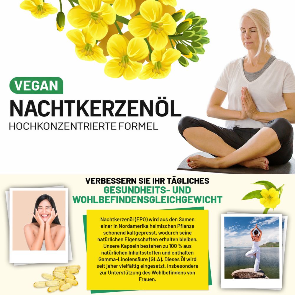 Prowise Healthcare Veganes Nachtkerzenöl 2000mg mit Vitamin E & B6 · 60 Weichkapseln – Bild 2