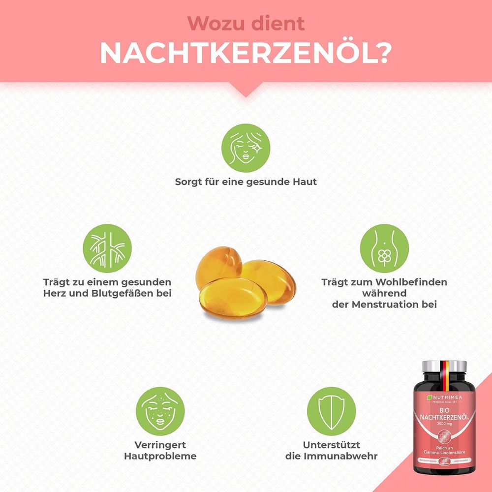 Nutrimea | BIO Nachtkerzenöl 3000 mg – 9 % Gamma-Linolensäure – 60 Kapseln