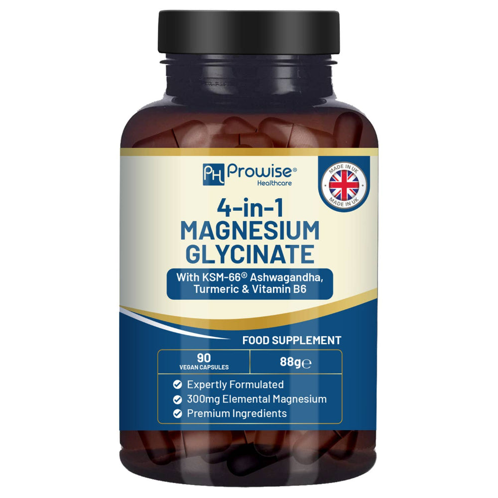 Prowise Healthcare 4-IN-1 Magnesiumglycinat mit Ashwagandha, Kurkuma & Vitamin B6 · 90 vegane Kapseln