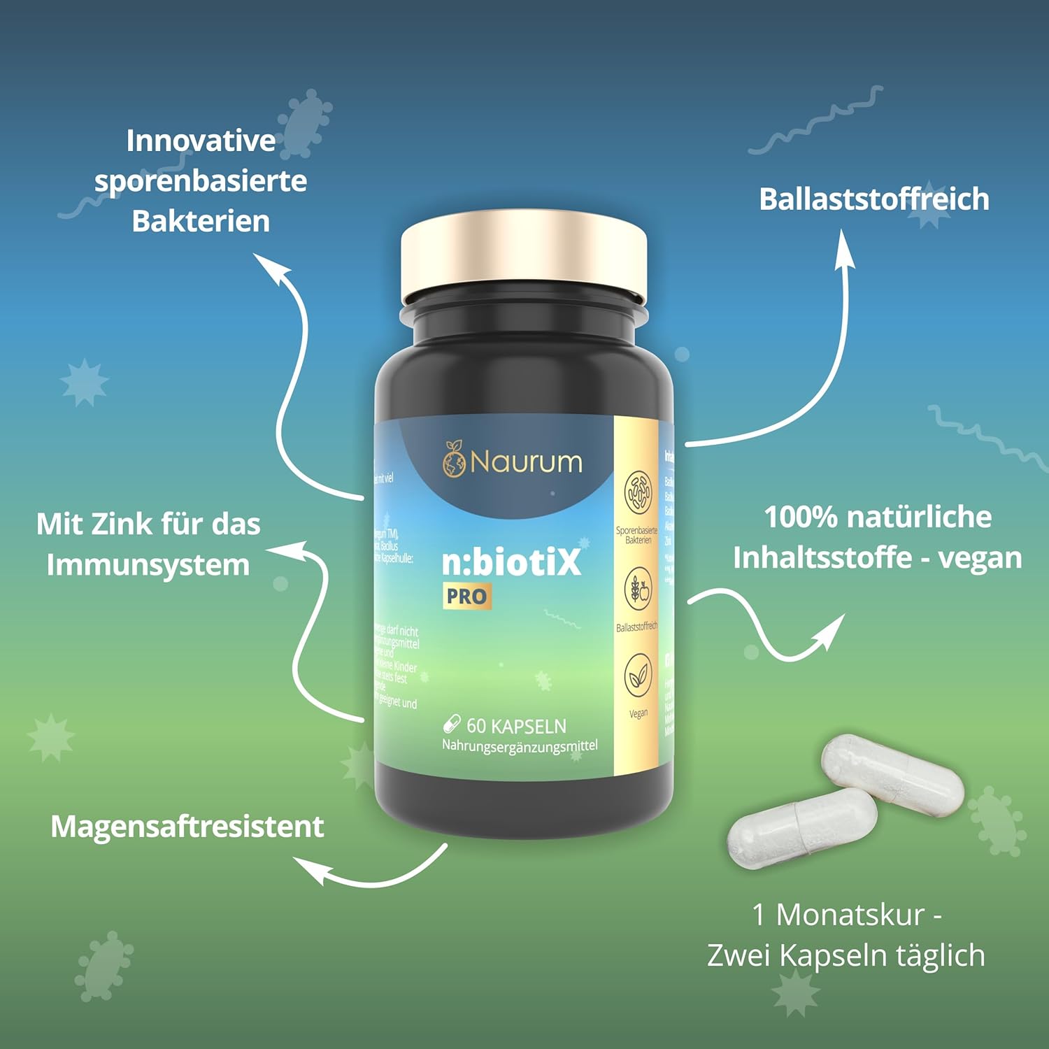 Naurum | n:biotiX Pro - Sporenbasierte Bakterienkulturen mit Ballaststoffen und Zink - 60 Kapseln