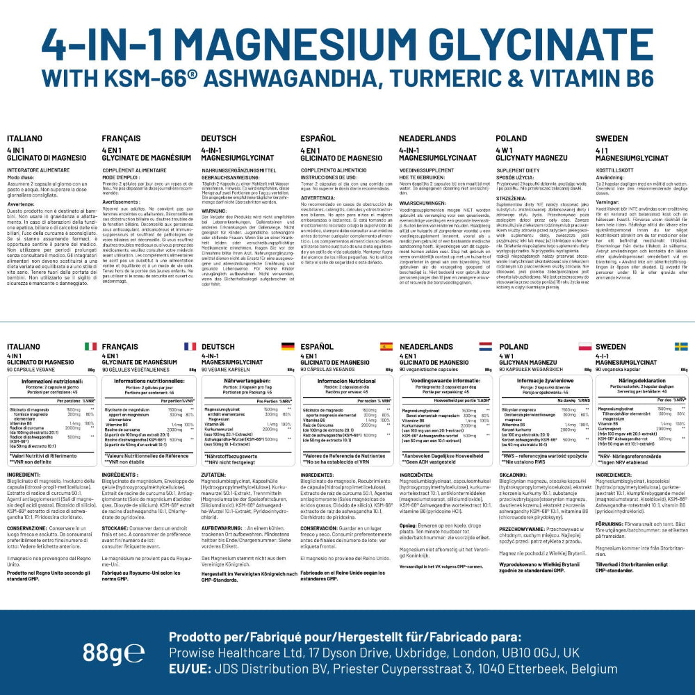 Prowise Healthcare | 4-IN-1 Magnesiumglycinat mit Ashwagandha, Kurkuma & Vitamin B6 - 90 vegane Kapseln