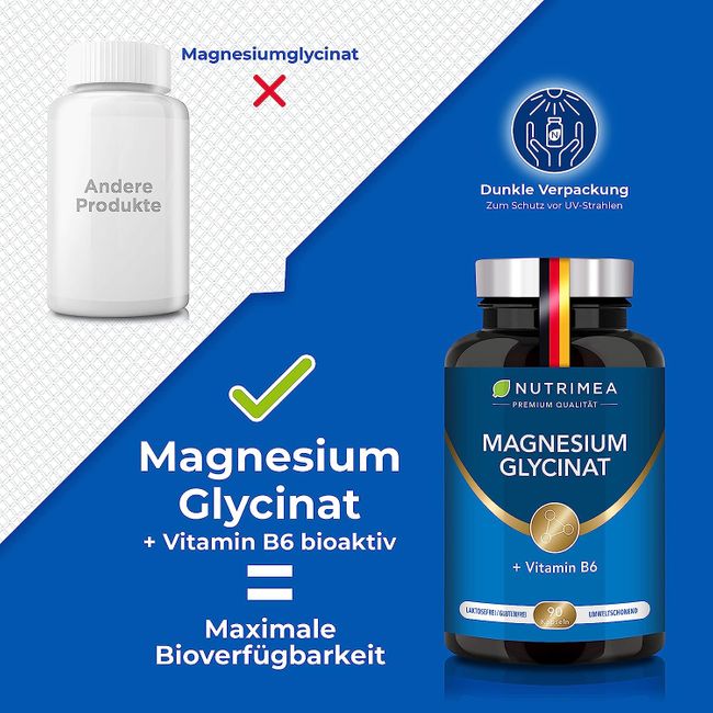 Nutrimea | Magnesium Glycinat + Vitamin B6 - Optimale Bioverfügbarkeit - 1,5 Monatsvorrat