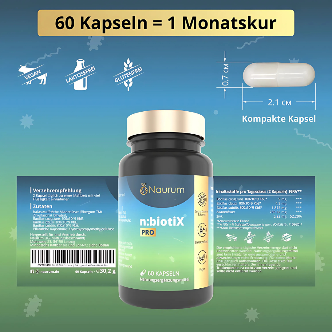 Naurum | n:biotiX Pro - Sporenbasierte Bakterienkulturen mit Ballaststoffen und Zink - 60 Kapseln