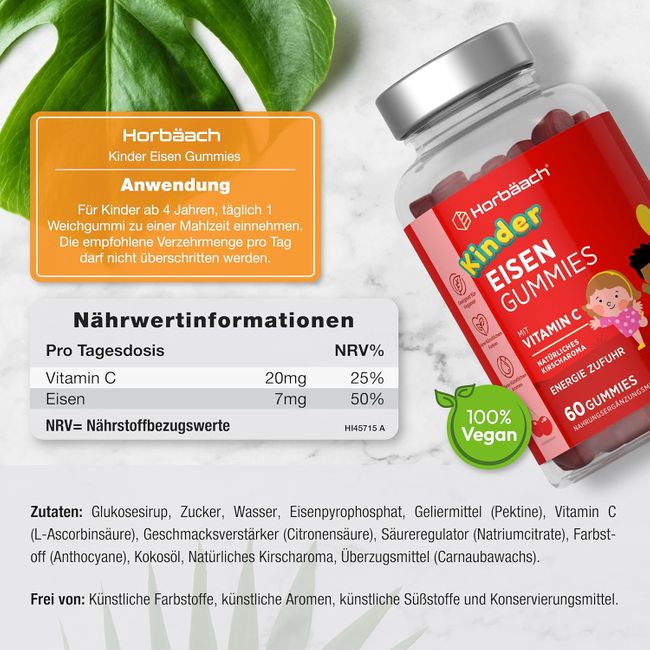 Horbaach | Eisen + Vitamin C Gummibärchen für Kinder  - 60 Stück