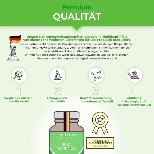 Nutrimea | MORINGA Oleifera Kapseln | BIO Zertifiziert OHNE Zusätze  SUPERFOOD 100% VEGAN