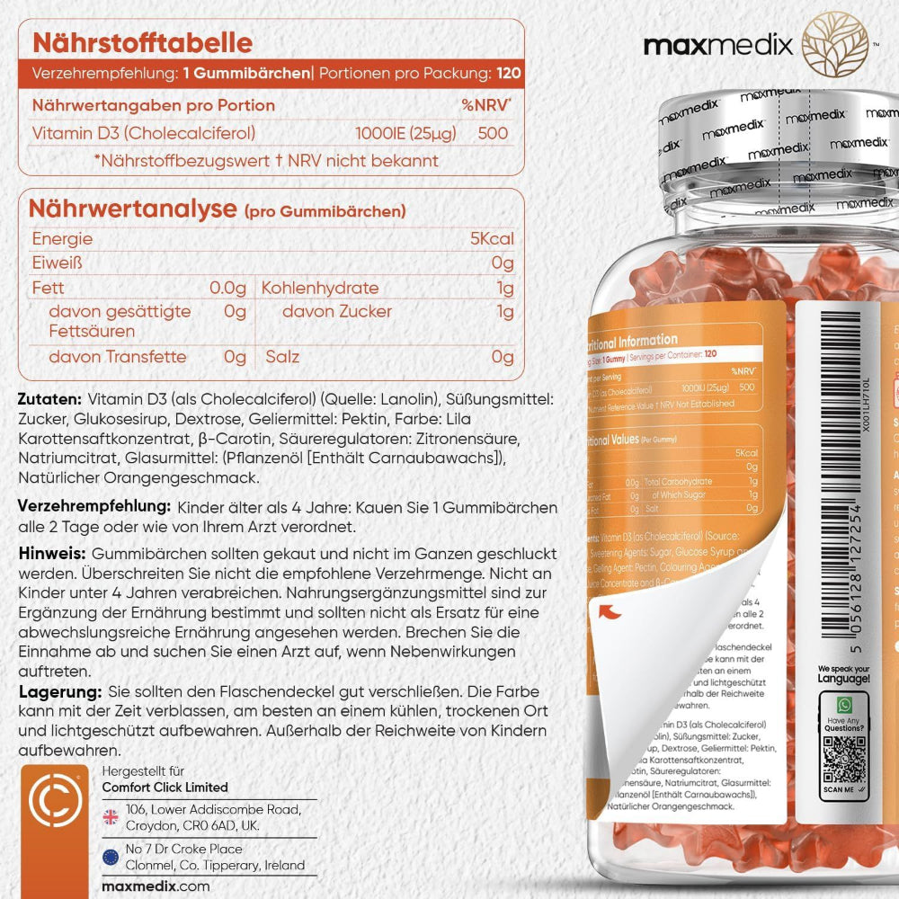 maxmedix | Vitamin D3 Kinder Gummibärchen 1000 IE - 120 Stück