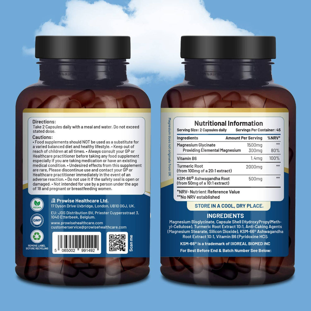 Prowise Healthcare | 4-IN-1 Magnesiumglycinat mit Ashwagandha, Kurkuma & Vitamin B6 - 90 vegane Kapseln