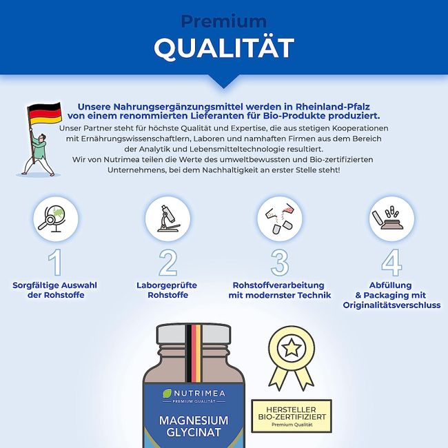 Nutrimea | Magnesium Glycinat + Vitamin B6 - Optimale Bioverfügbarkeit - 1,5 Monatsvorrat