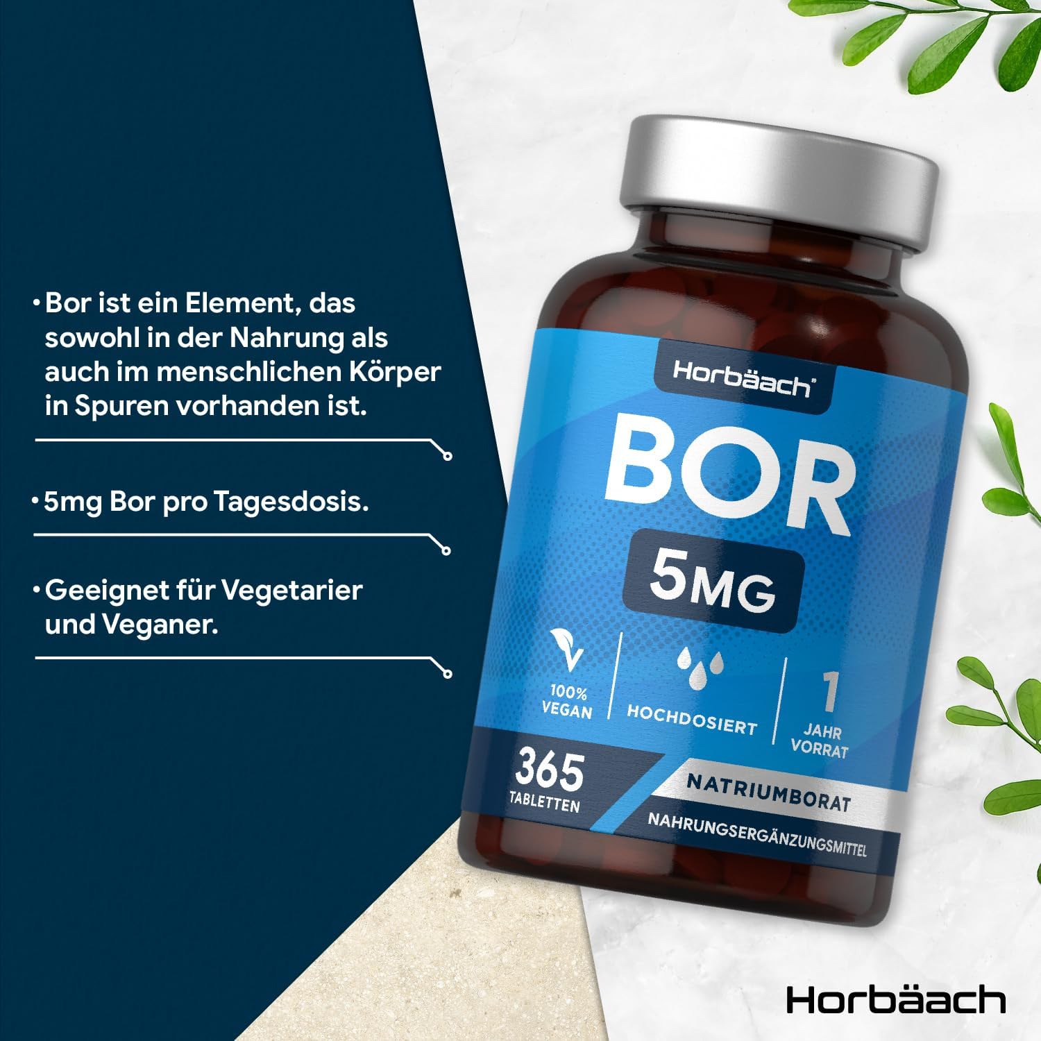 Horbäach | Boron 5mg - Hochdosiert - 1 Jahr Vorrat - 365 Vegane Tabletten
