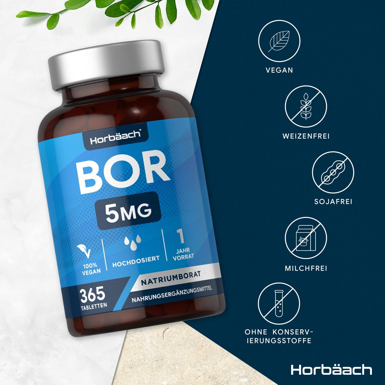 Horbäach | Boron 5mg - Hochdosiert - 1 Jahr Vorrat - 365 Vegane Tabletten
