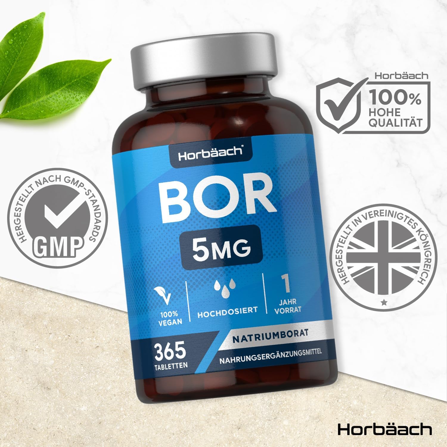 Horbäach | Boron 5mg - Hochdosiert - 1 Jahr Vorrat - 365 Vegane Tabletten