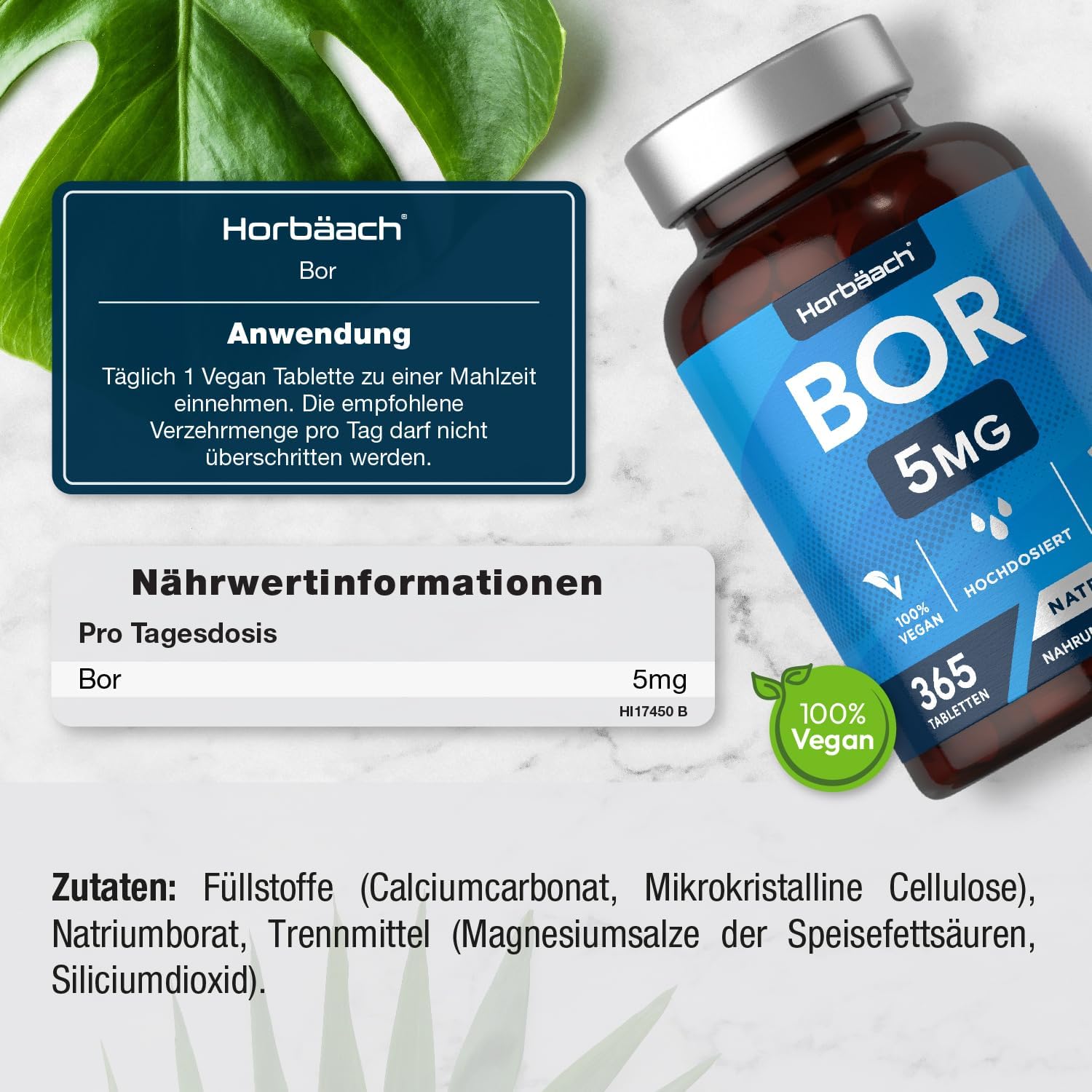 Horbäach | Boron 5mg - Hochdosiert - 1 Jahr Vorrat - 365 Vegane Tabletten