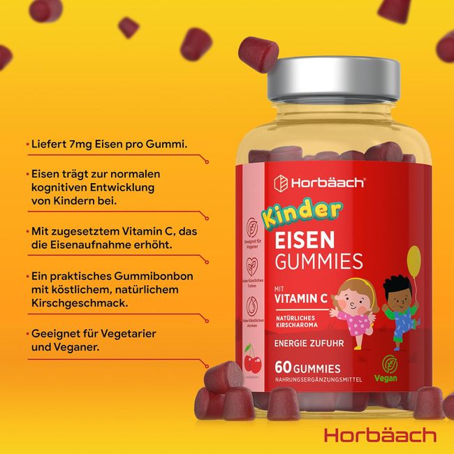 Horbaach | Eisen + Vitamin C Gummibärchen für Kinder  - 60 Stück