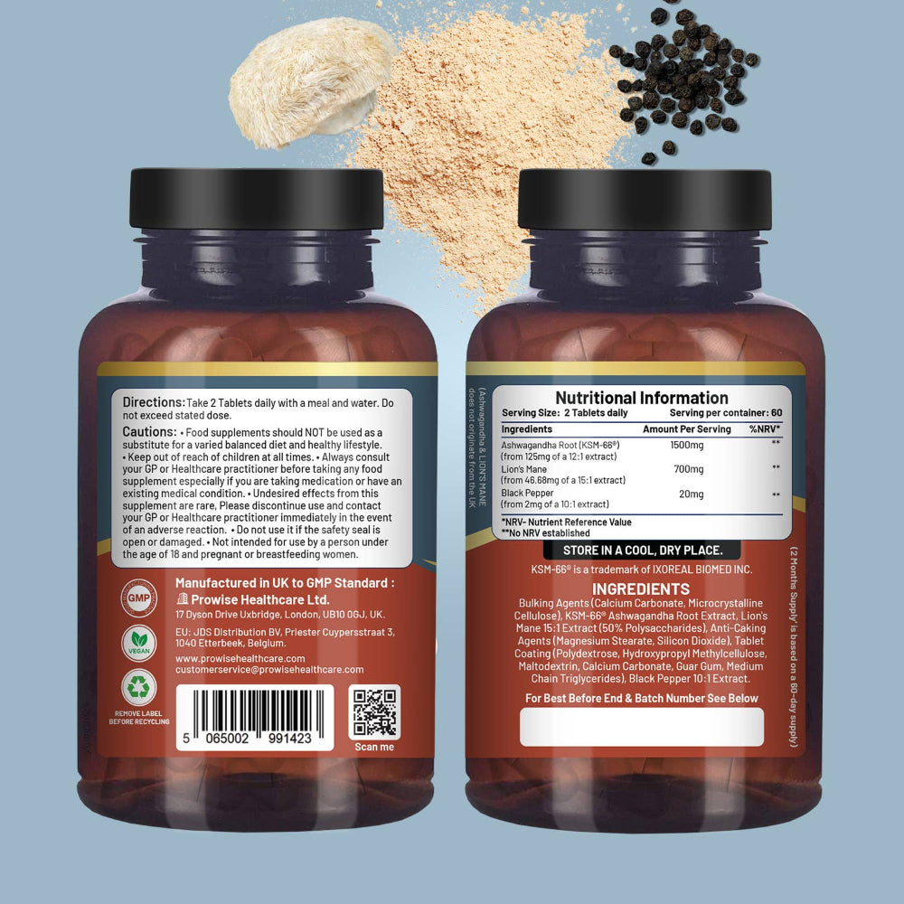 Prowise Healthcare | KSM-66 Ashwagandha- und Löwenmähne-Pilzextrakt - 120 vegane Tabletten