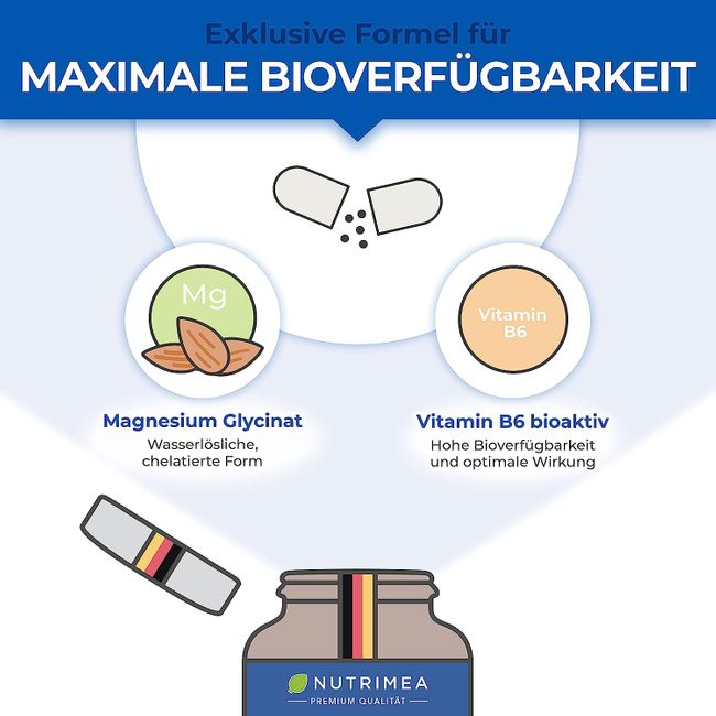 Nutrimea | Magnesium Glycinat + Vitamin B6 - Optimale Bioverfügbarkeit - 1,5 Monatsvorrat
