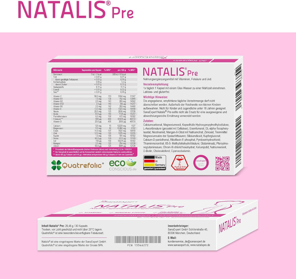 SanaExpert® | Natalis Pre – Folsäure, Quatrefolic®, Eisen und 21 weitere Inhaltsstoffe für Kinderwunsch und Frühschwangerschaft