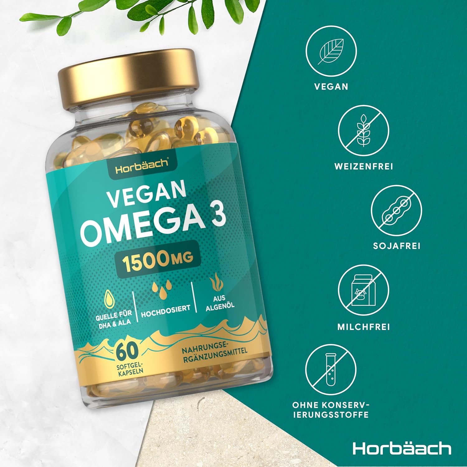 Horbaach | Omega 3 Vegan 1500mg aus Algenöl | 60 Kapseln mit Hochdosiert ALA und DHA pro Portion