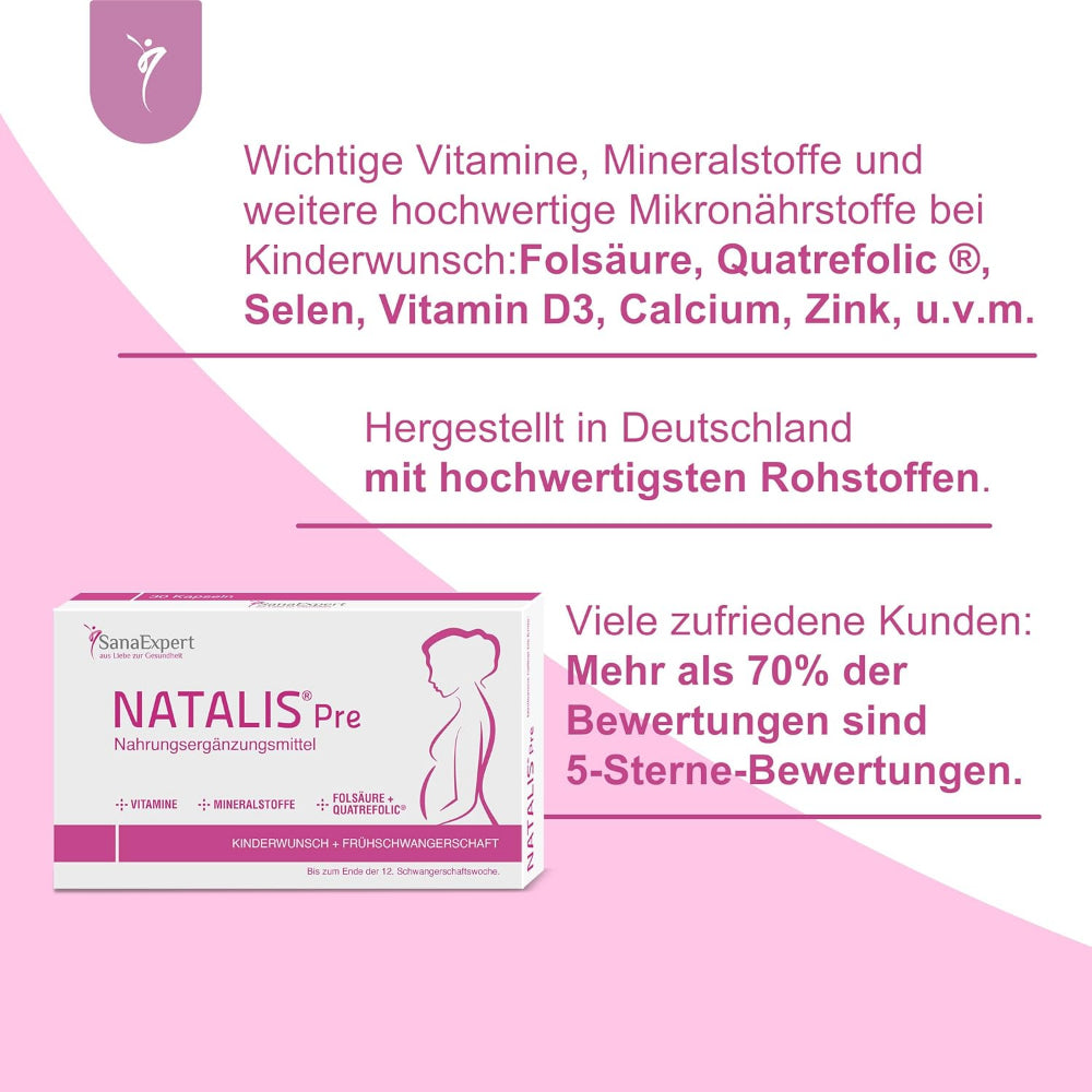 SanaExpert® | Natalis Pre – Folsäure, Quatrefolic®, Eisen und 21 weitere Inhaltsstoffe für Kinderwunsch und Frühschwangerschaft