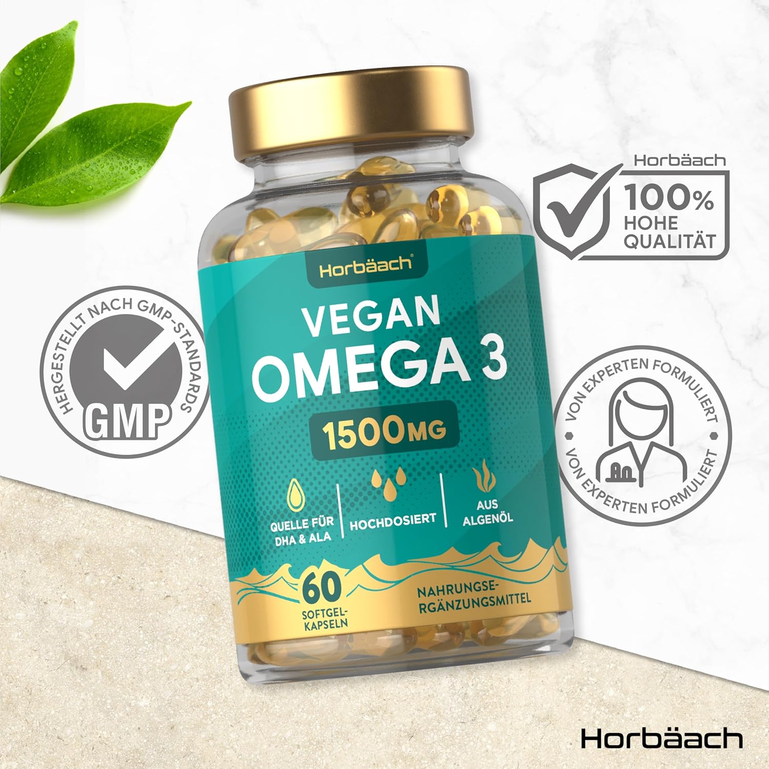 Horbaach | Omega 3 Vegan 1500mg aus Algenöl | 60 Kapseln mit Hochdosiert ALA und DHA pro Portion