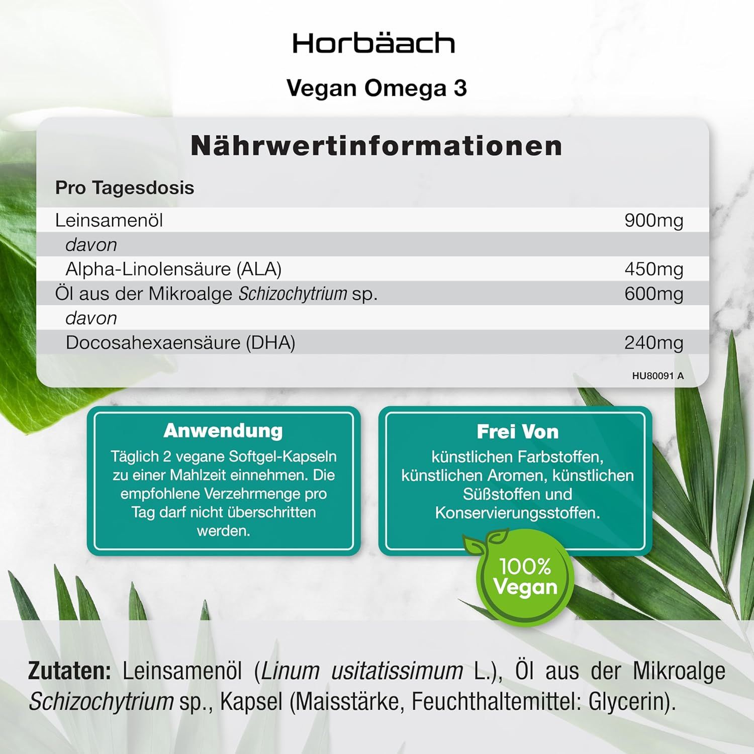 Horbaach | Omega 3 Vegan 1500mg aus Algenöl | 60 Kapseln mit Hochdosiert ALA und DHA pro Portion