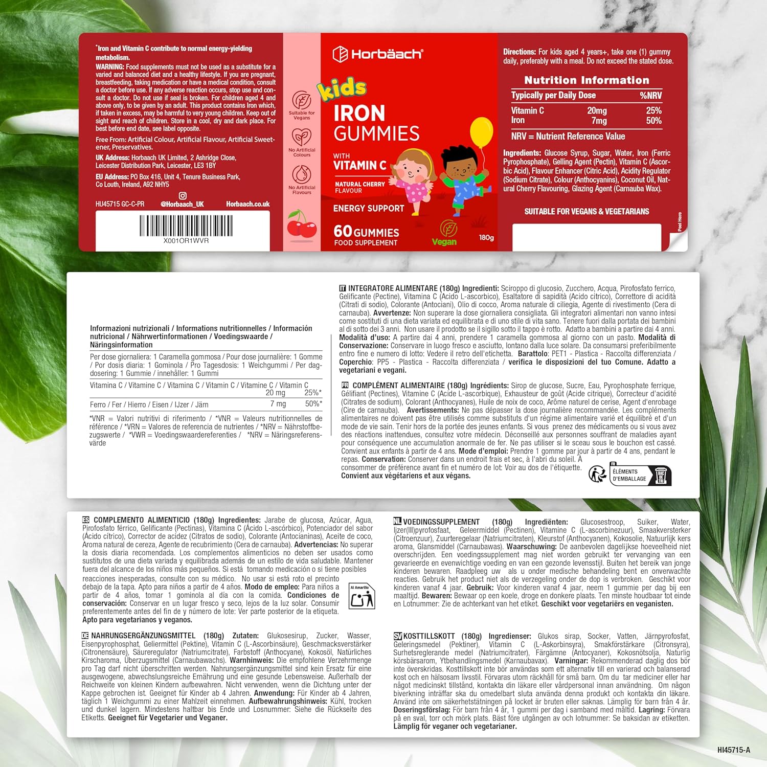 Horbaach | Eisen + Vitamin C Gummibärchen für Kinder  - 60 Stück