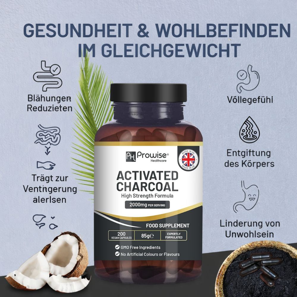 Prowise Healthcare | Aktivkohle-Kapseln 2000 mg - 200 vegane Kapseln