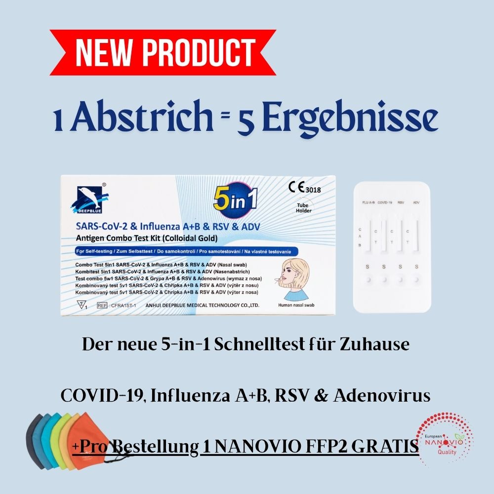 NEU: DeepBlue 5-in-1 Kombi-Schnelltest – COVID-19, Influenza A+B, RSV & Adenovirus + Gratis Nanovio FFP2
