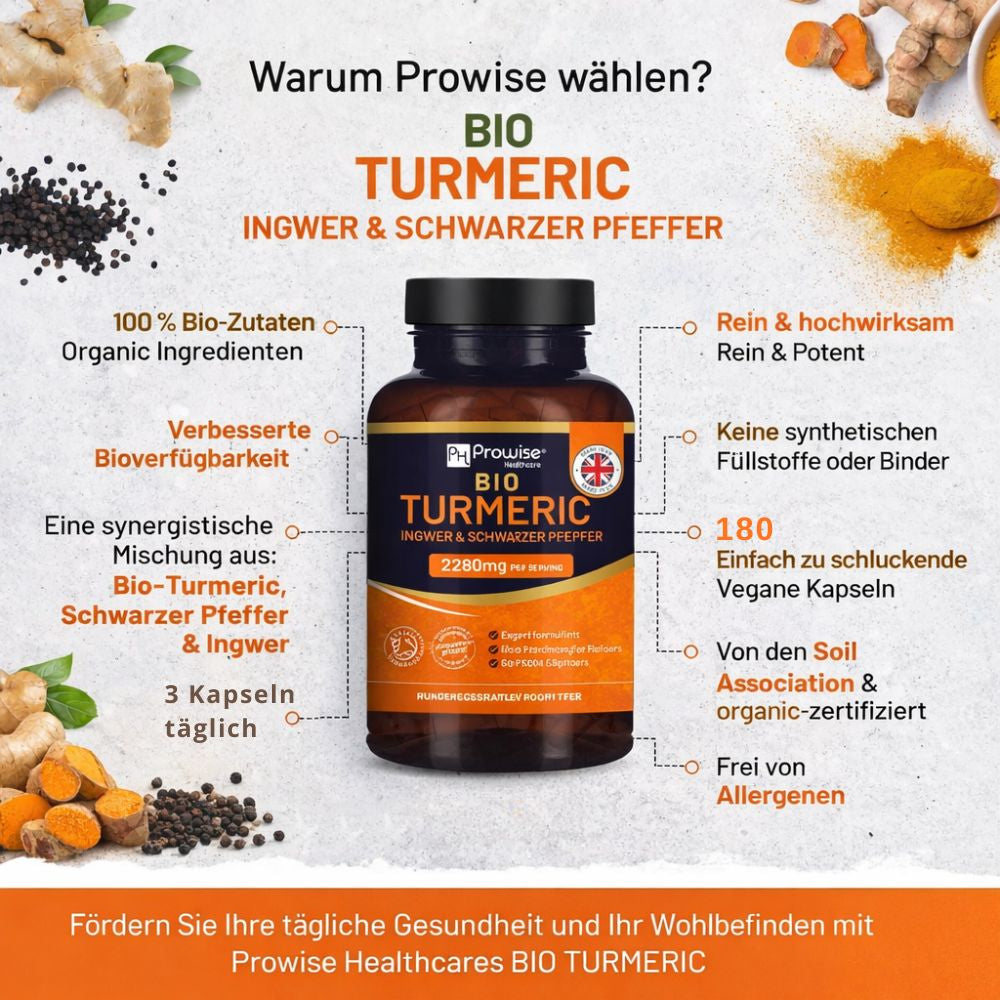Prowise Healthcare | Bio-Kurkuma 2280 mg mit schwarzem Pfeffer und Ingwer - 180 Kapseln