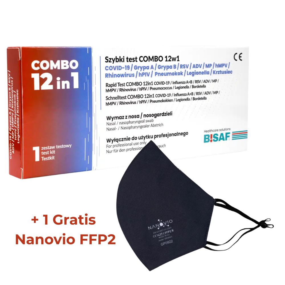 BISAF | 12in1 Test COVID‑19, Influenza, RSV, ADV, hMPV, RhV, hPIV, MP, LP, Pneumokokken, KeuchhustenGratis Nanovio FFP2