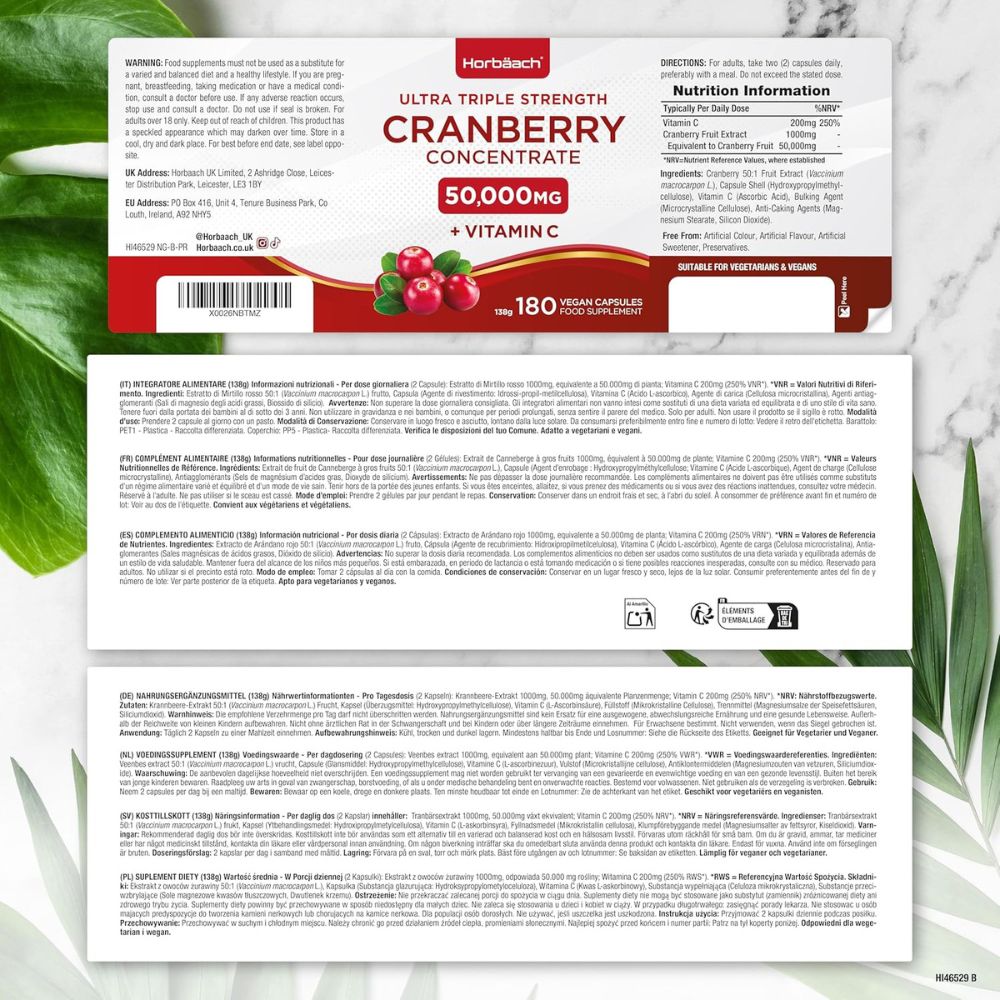 Horbaach | Cranberry Hochdosiert 50000mg mit 200mg Vitamin C - 180 Kapseln