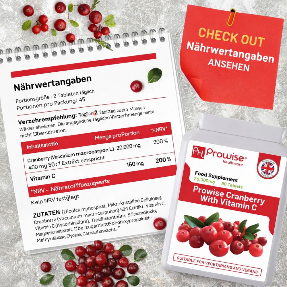 Prowise Healthcare | Doppelte Stärke Cranberry 20.000 mg mit Vitamin C - 90 Tabletten