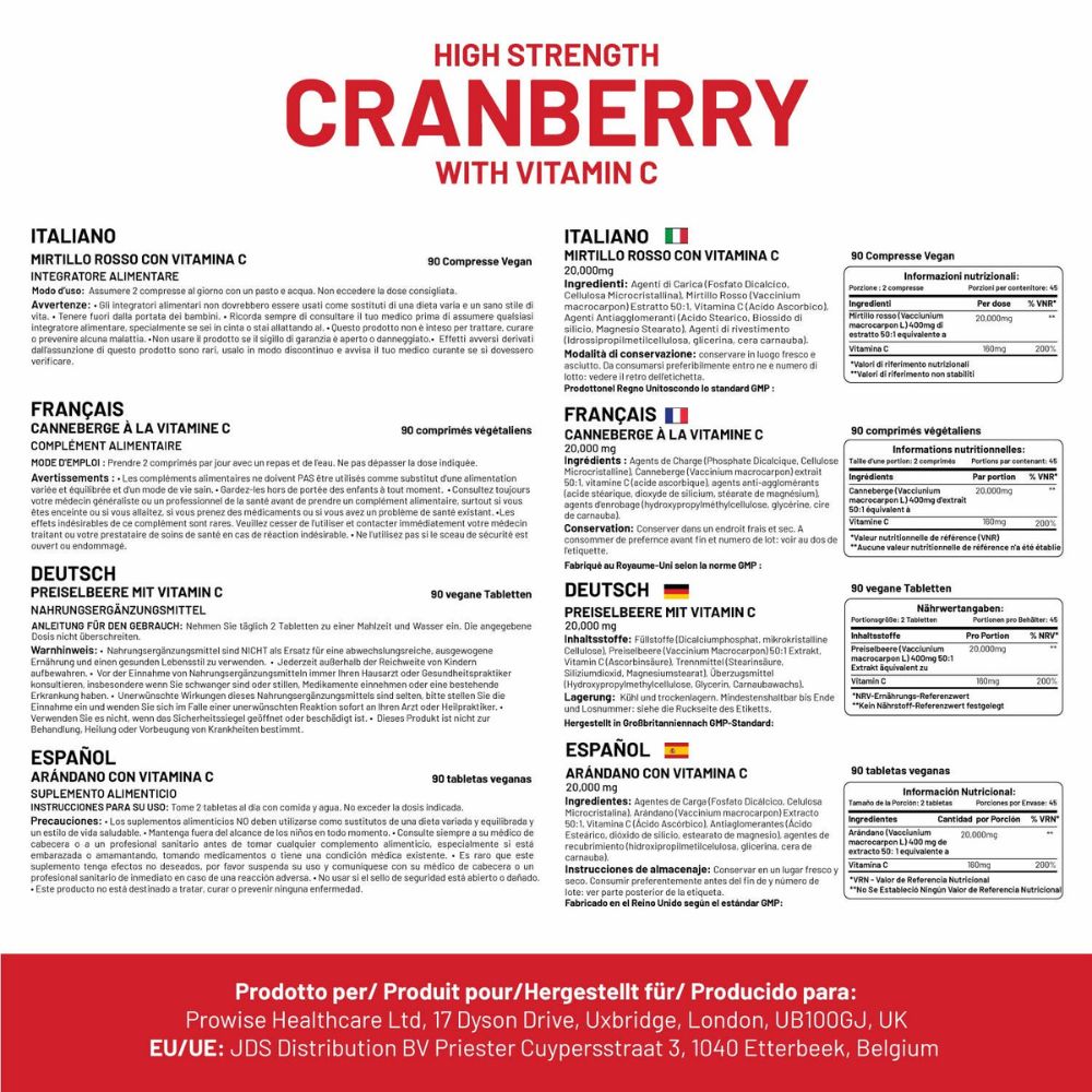 Prowise Healthcare | Doppelte Stärke Cranberry 20.000 mg mit Vitamin C - 90 Tabletten