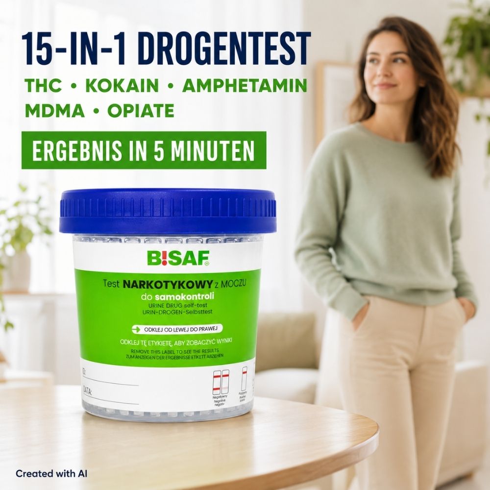 BISAF 15-in-1 Drogentest Urin – Testbecher für 15 Substanzen – 1 Stück
