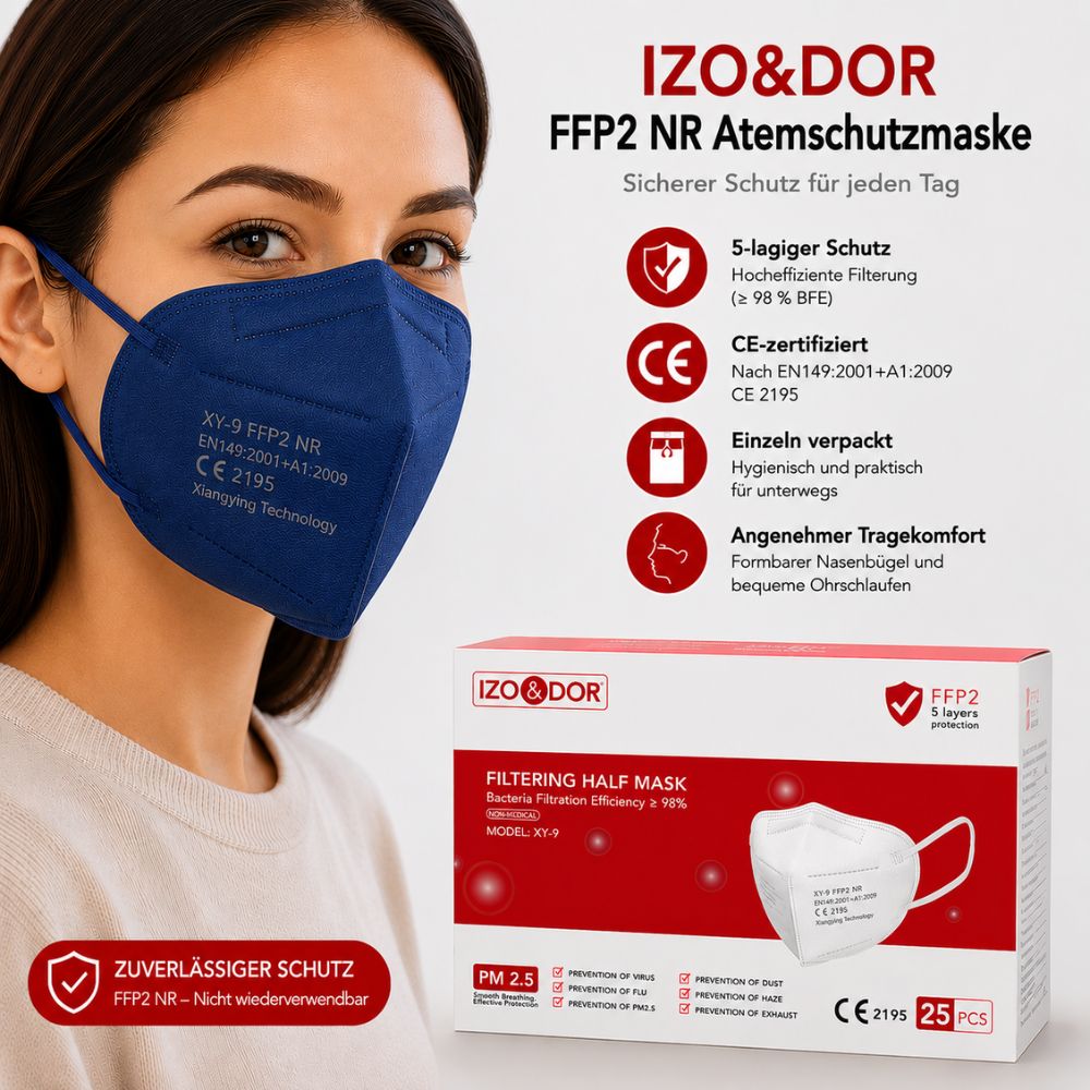 IZO&DOR | FFP2 NR Atemschutzmaske - CE-zertifiziert - EN149 - 5-lagig - Dunkelblau