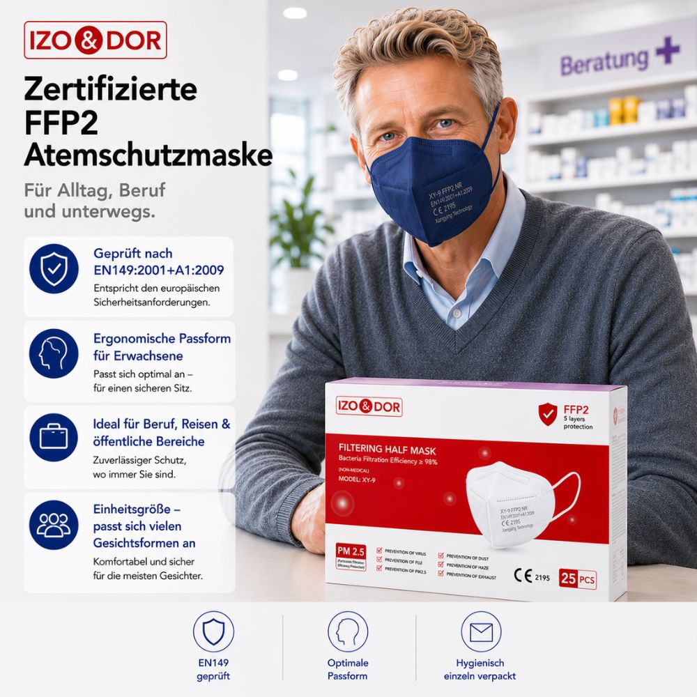 IZO&DOR | FFP2 NR Atemschutzmaske - CE-zertifiziert - EN149 - 5-lagig - Dunkelblau