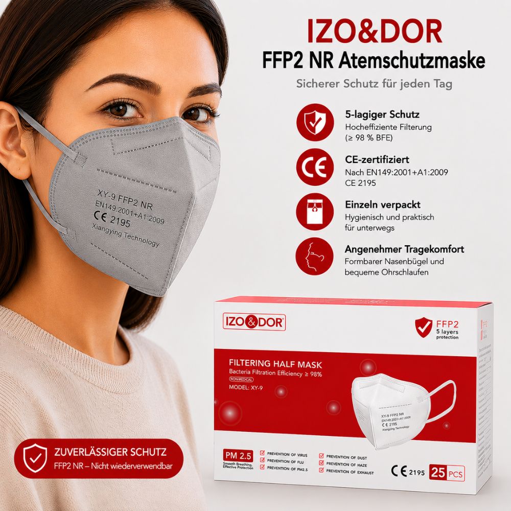 IZO&DOR | FFP2 NR Atemschutzmaske - CE-zertifiziert - EN149 - 5-lagig - Grau