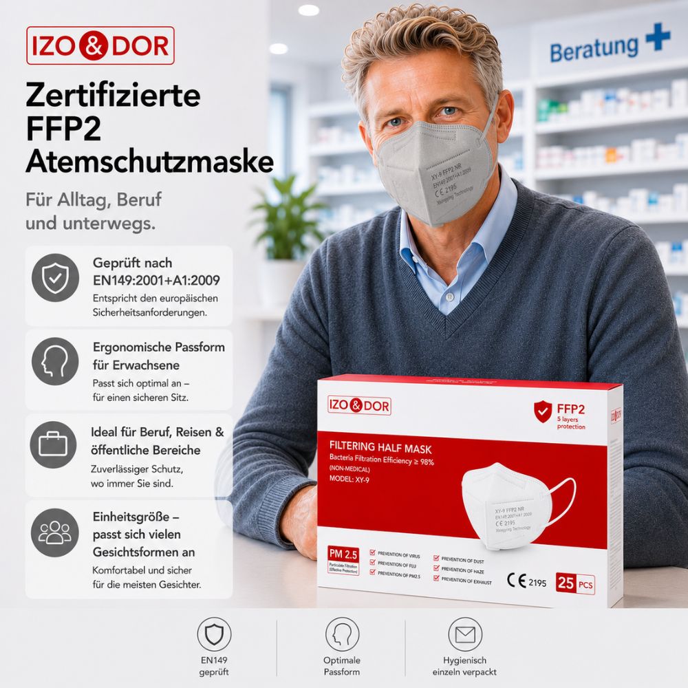 IZO&DOR | FFP2 NR Atemschutzmaske - CE-zertifiziert - EN149 - 5-lagig - Grau