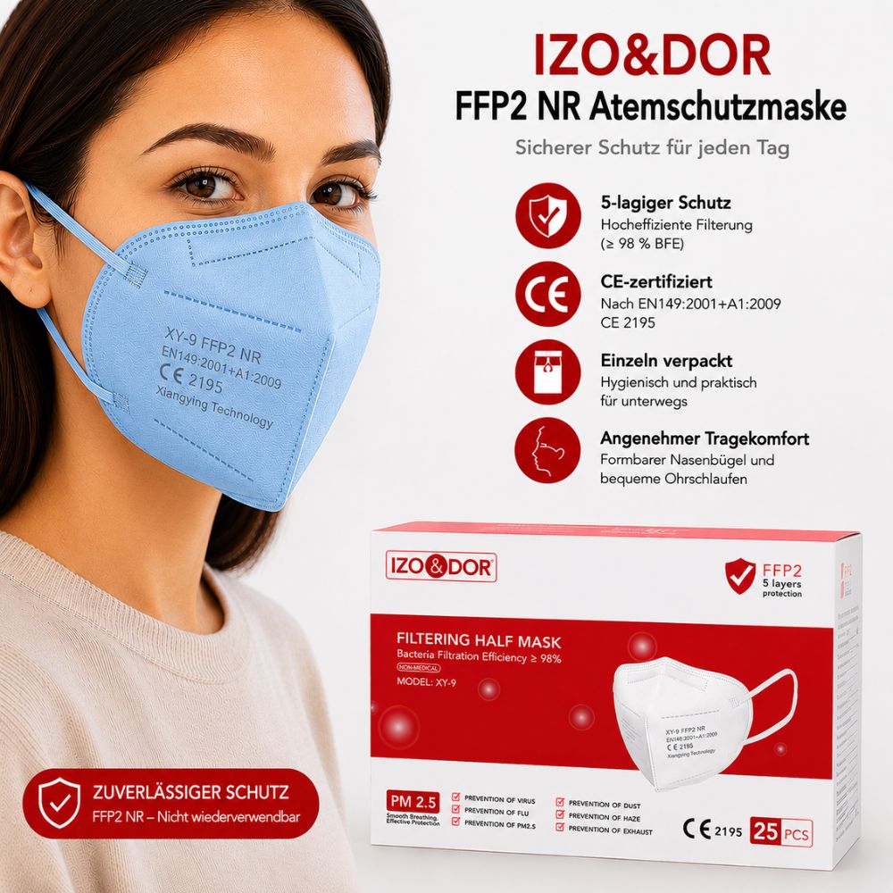 IZO&DOR | FFP2 NR Atemschutzmaske - CE-zertifiziert - EN149 - 5-lagig - Hellblau