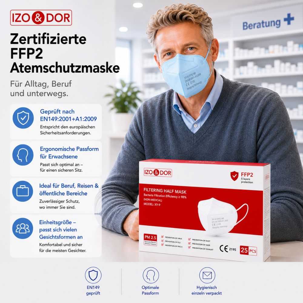 IZO&DOR | FFP2 NR Atemschutzmaske - CE-zertifiziert - EN149 - 5-lagig - Hellblau