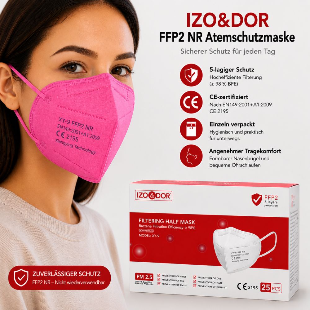 IZO&DOR | FFP2 NR Atemschutzmaske - CE-zertifiziert - EN149 - 5-lagig - Rosa