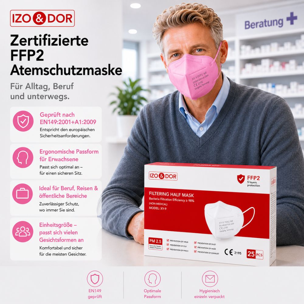 IZO&DOR | FFP2 NR Atemschutzmaske - CE-zertifiziert - EN149 - 5-lagig - Rosa