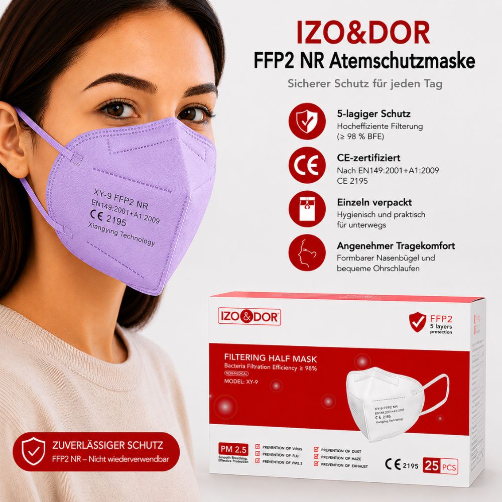 IZO&DOR | FFP2 NR Atemschutzmaske - CE-zertifiziert - EN149 - 5-lagig - Violett