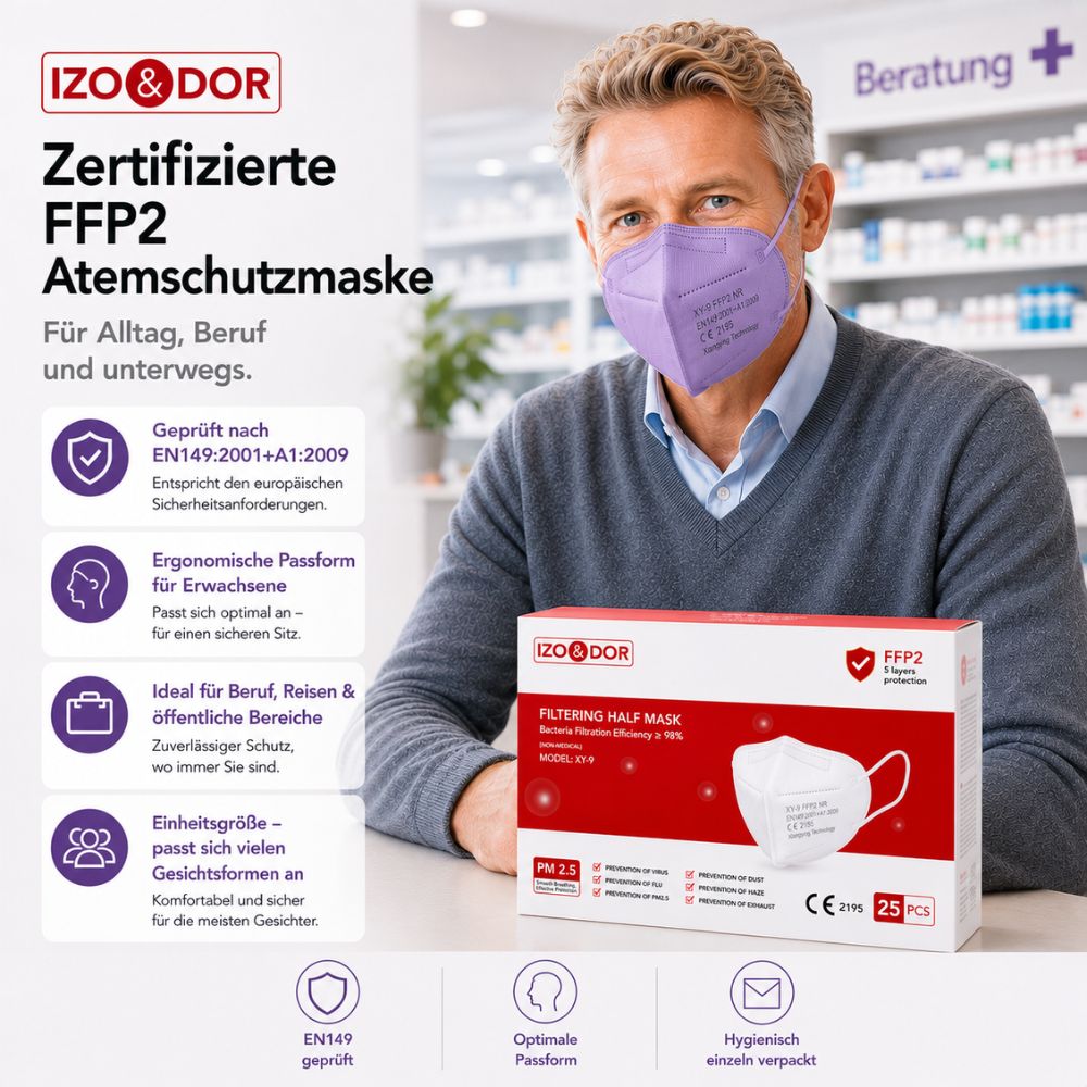 IZO&DOR | FFP2 NR Atemschutzmaske - CE-zertifiziert - EN149 - 5-lagig - Violett